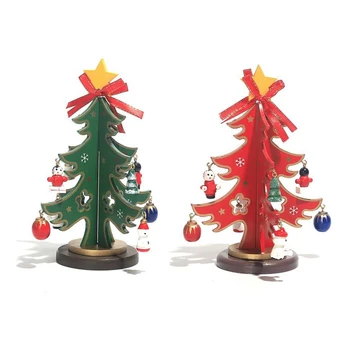 2 Adet Noel Süslemeleri Ahşap Mini Noel Ağacı Masa Süslemeleri Kırmızı ve Yeşil