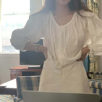 2023 Yaz Yeni Dantel Yuvarlak Boyun Kravat Uzun Kollu Kadın Beyaz Gömlek