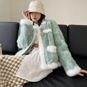 2023New Rex Tavşan Kürk Ceket kadın Kış Yeni Kore Kısa Gevşek Sosyetik Tarzı Giyim Kontrast Renk Dikiş Gerçek Kürk Ja