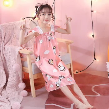 3-12 Yıl Giyim Yaz Uyku Elbiseler Saten Pijama Büyük Kızlar için Kolsuz Sling Gece İpek Giyim Çocuk Karikatür Baskı Gecelik