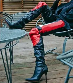 Büyük Boy 45 Kadın Seksi Siyah Kırmızı Beyaz Patchwork Diz Çizmeler Üzerinde Sivri Burun İnce Topuklu Motosiklet Uyluk Deri Çizmeler