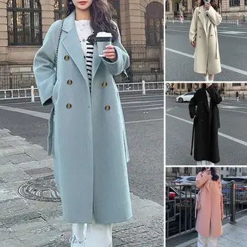 Dantel-up Bel Ceket Şık Orta buzağı Uzunluğu kadın Palto Kruvaze Tasarım Turn-aşağı Yaka Sonbahar Kış için Klasik