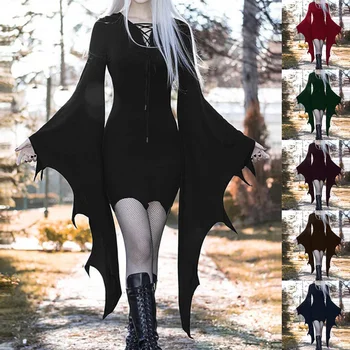 Kadın Etnik Ethos Banliyö Cadılar Bayramı Elbise Siyah Butt-wrap Yarasa kollu Düzensiz Elbise Performans Kostüm