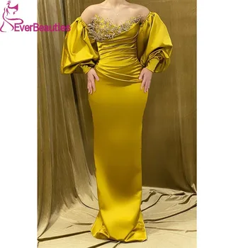 Mermaid Saten Boncuklu Balo Elbise Uzun Dubai Arabistan Yarım Kollu Abiye Kadınlar için Vestidos De Fiesta Elegantes Para Mujer