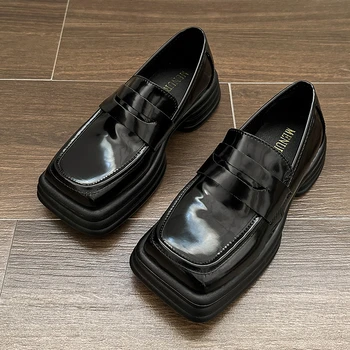 Moda Kare Ayak Kadın deri ayakkabı Siyah Kalın Taban platform ayakkabılar Kadın Elbise Ayakkabı Loafer'lar kadın ayakkabıları Topuklu Kadın