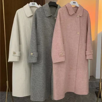 RosEvans Gri Çift Taraflı El Yapımı Yün Ceket Moda Kadın Sonbahar Kış Uzun Gevşek Yün Ceket Yeni Yaka Kore Kadın Ceket