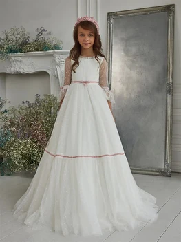 Zarif Beyaz Çiçek Kız Elbise Düğün İçin A-Line Kat Uzunluk Yay İle Doğum Günü Partisi İlk Komünyon Dressees
