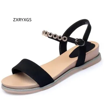 ZXRYXGS Yaz Düz Takozlar Sandalet Kadın Hakiki Deri Taklidi Sandalet 2023 Yeni Burnu açık Yumuşak Taban kadın Dış Giyim Sandalet