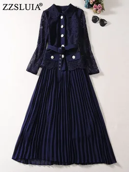 ZZSLUIA Vintage 2 Parça Takım Elbise Kadınlar İçin Suda Çözünür Nakış Ceket Mont + Pilili Elbise Twinset Moda Kıyafetler Elbise Setleri